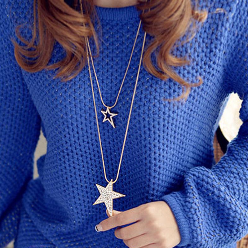 

Big Rhinestone Star Pendant Necklaces for Women Statement Jewelry Accessories Silvery Gold 2 Layered Long Sweater Chain Necklace