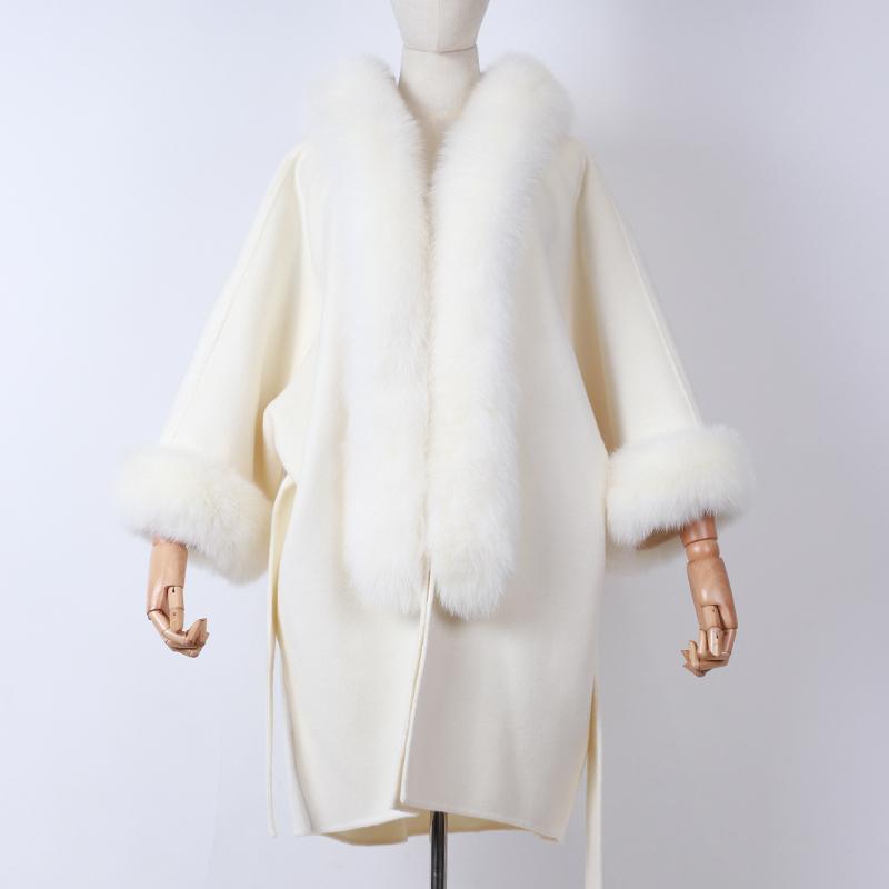 

Ladies woollen coat with fur collar and sleeve women 100% wool shawl, As picture