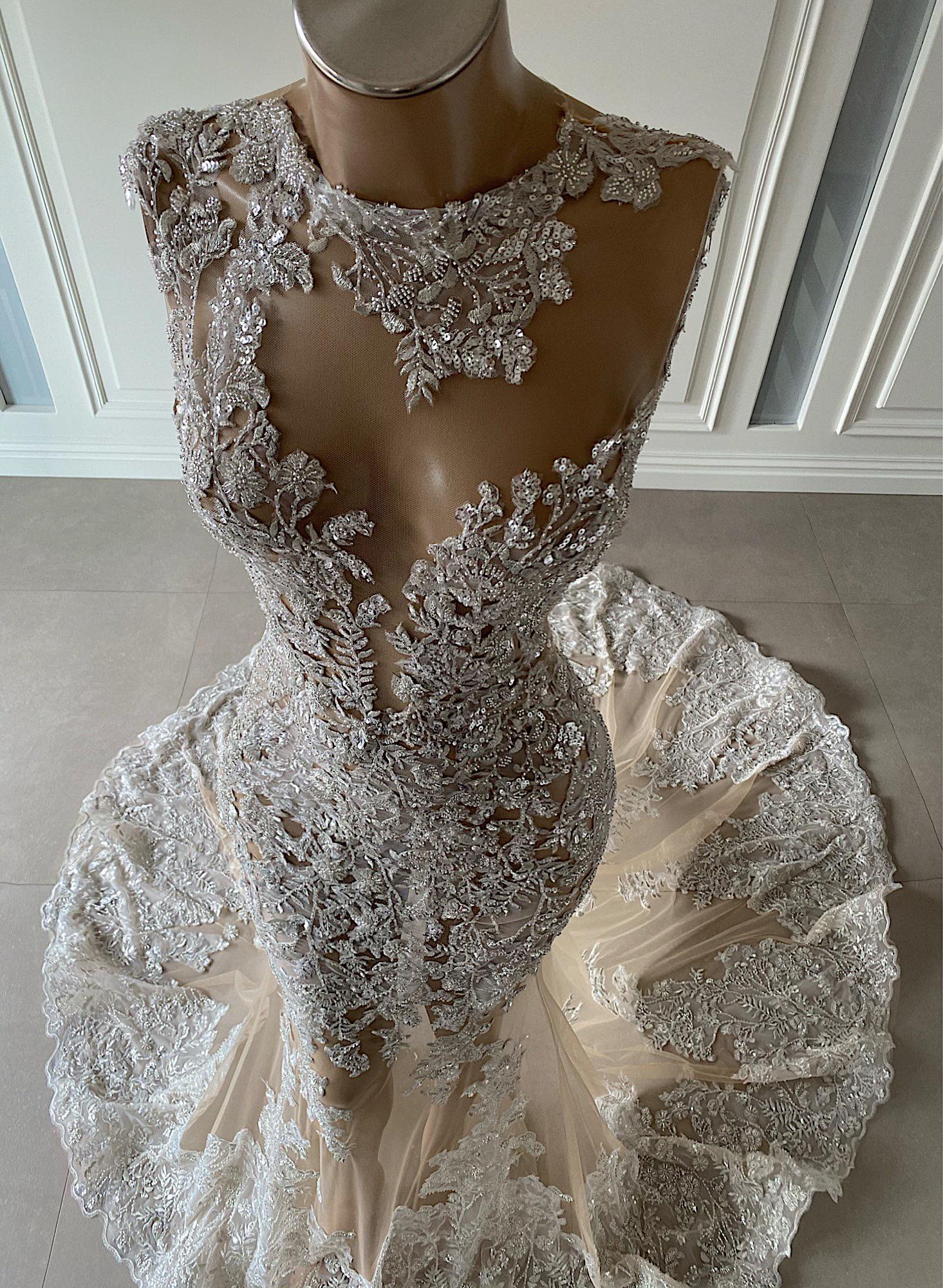 

2020 Plus Size Arabic Aso Ebi Luxurious Mermaid Sexy Wedding Dresses Lace Beaded Bridal Dresses See Through Wedding Gowns ZJ902, Ivory