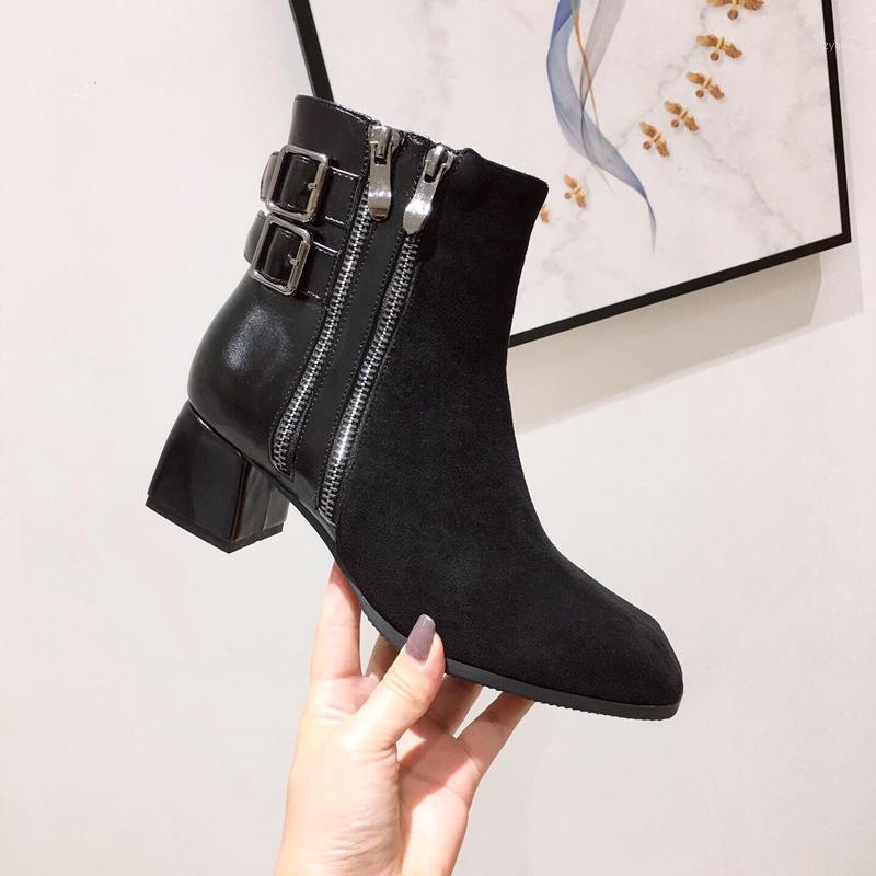 

Suede Buckle Ankle Boots Woman Zipper Square Toe Knight Boot Ladies Chunky Heels Shoes Patchwork Short Boots Zapatos De Mujer1, As pic