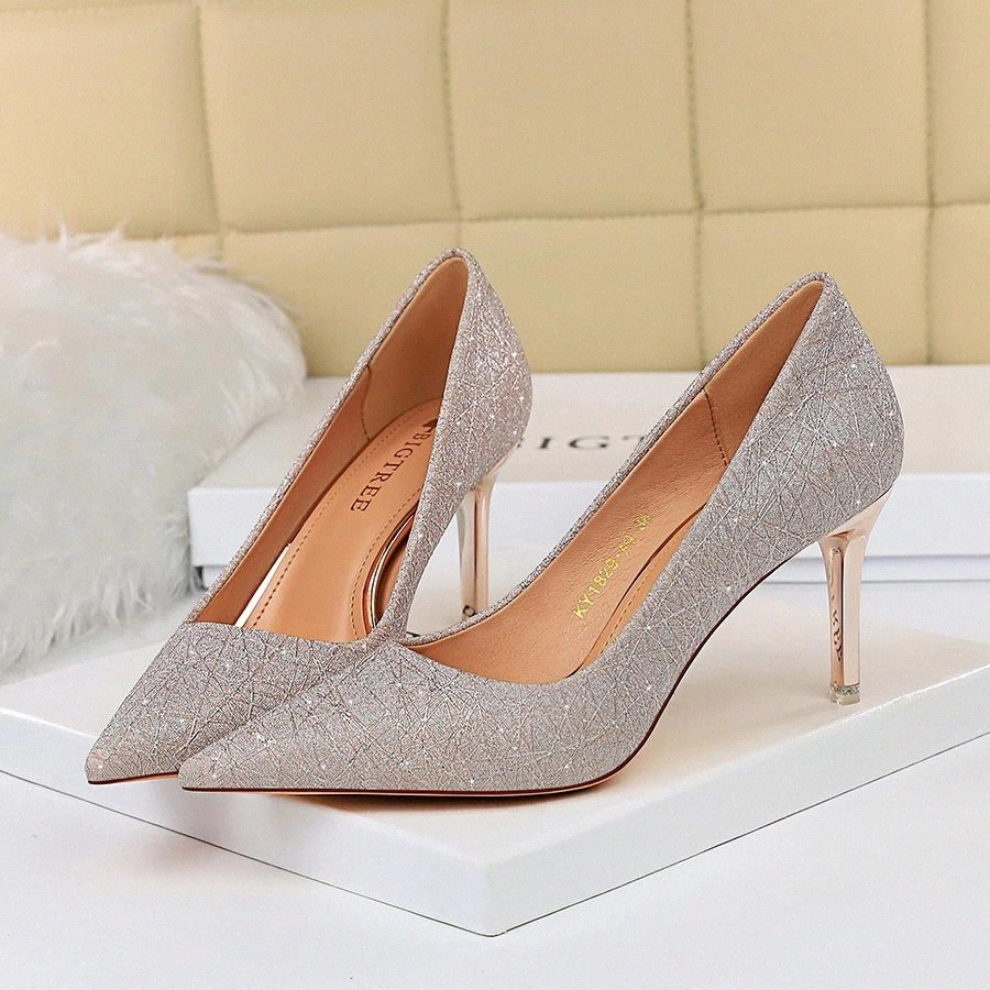 

2021 Spring Women Glitter High Heel Pointed Toe Pumps Designer Gold Silver Heels Office Lady Wedding Bridal Cinderella Shoes #pI6Y, Beige