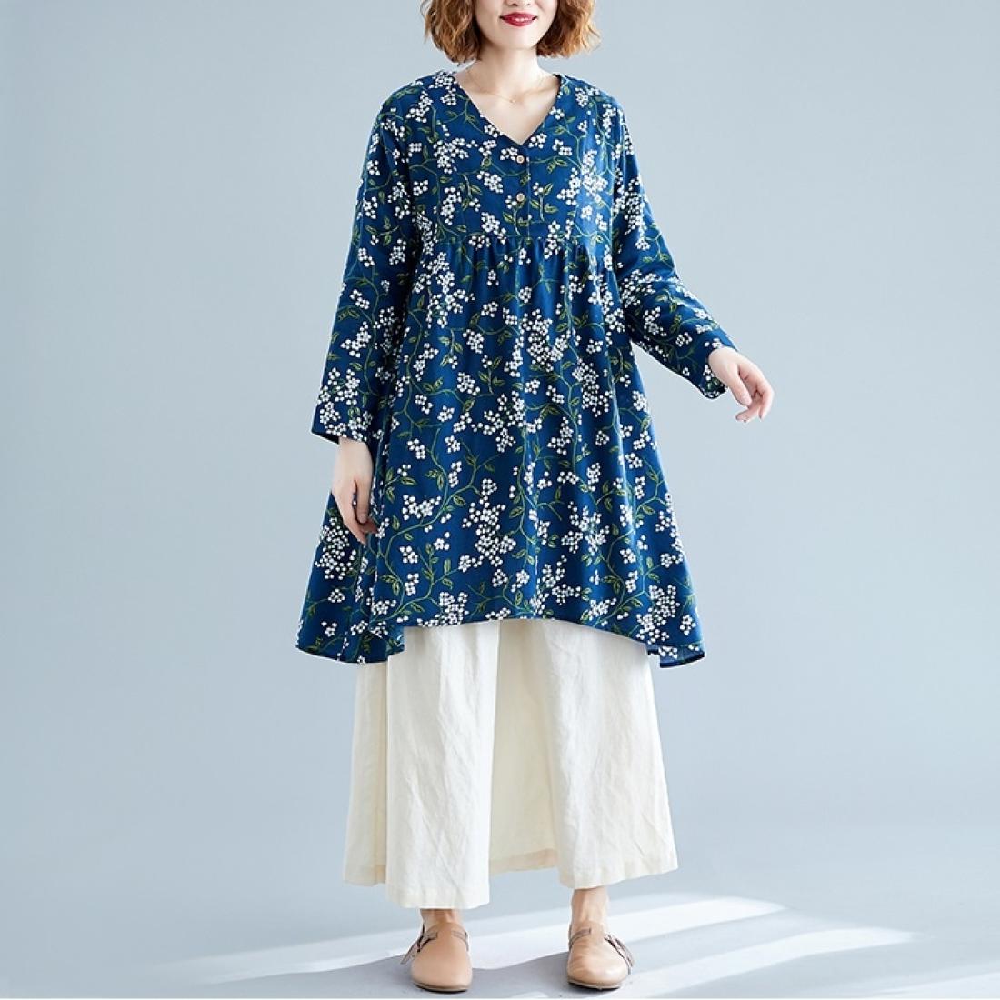 

Retro Print Plus Size Cotton And Linen Dress Loose V-neck Skirt