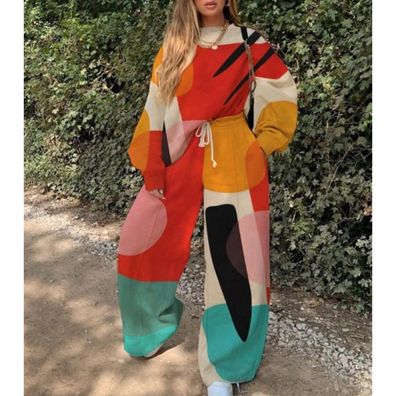 

Long Sleeve Plus Size two piece set Women Abstract Cartoon Print Sweatshirts top+ loose pants Outfits Streetwear, A1