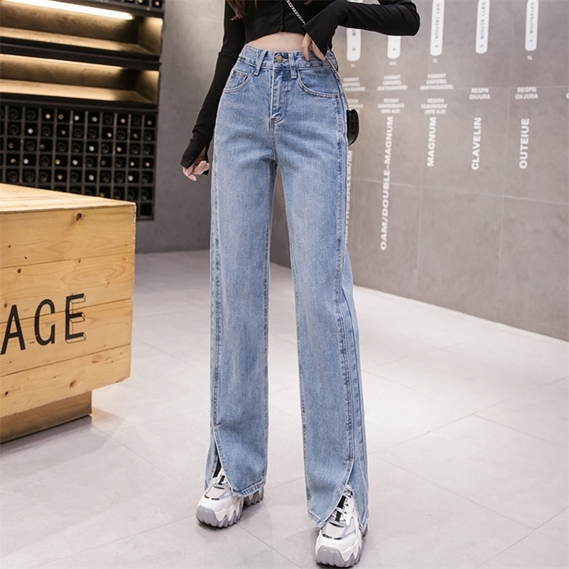 

High Waist Wide Leg Loose Straight Split Hem Jeans for Women  M L XL 201105, Fade black