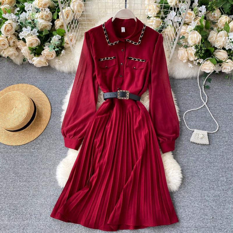 

Lady New Fashion Retro Autumn Winter Dress Women Lapel Long Sleeve Lace Up High Waist Pleated Slim Vestidos Q093, Red