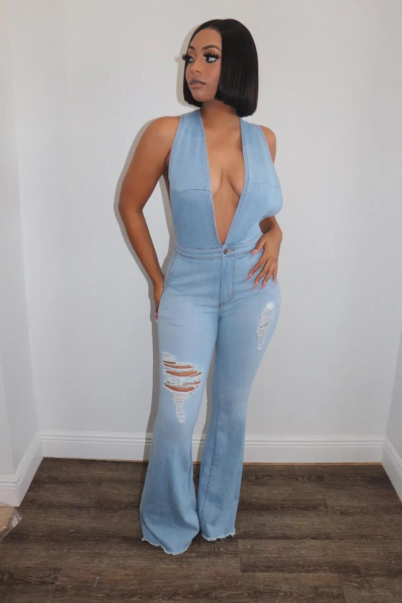 

Echoine V-neck Sleeveless Blue Denim Jumpsuit Women Sexy Backless Rompers Hollow Out Tassel Club Outfits Partywear Flare Pants