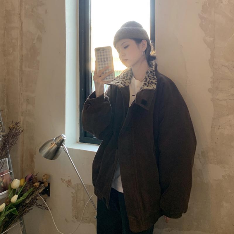 

Corduroy Padded female Coat 2020 Vintage Retro Winter Leopard Collar Stitching Trendy And Comfortable Warm Top jacket oversize, Black