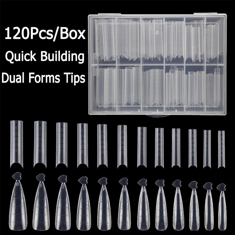 

120Pcs/Box Clear Dual Forms Tips False Nails Full Cover Quick Building Gel Mold Tips Nail Extension Forms Nail Art Manicure, 100pcs