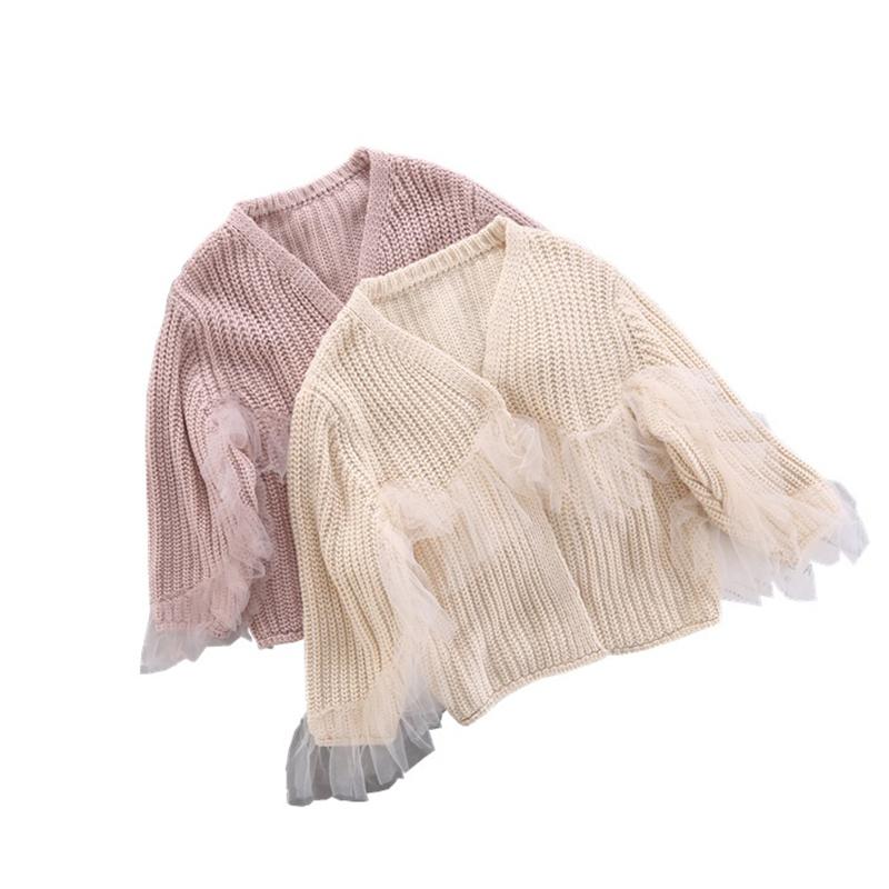 

Girls Cardigan Sweater Spring/Autumn Cotton Knitted Sweater Jacket Full Sleeves Lace Patchwork Children Clothes, Beige