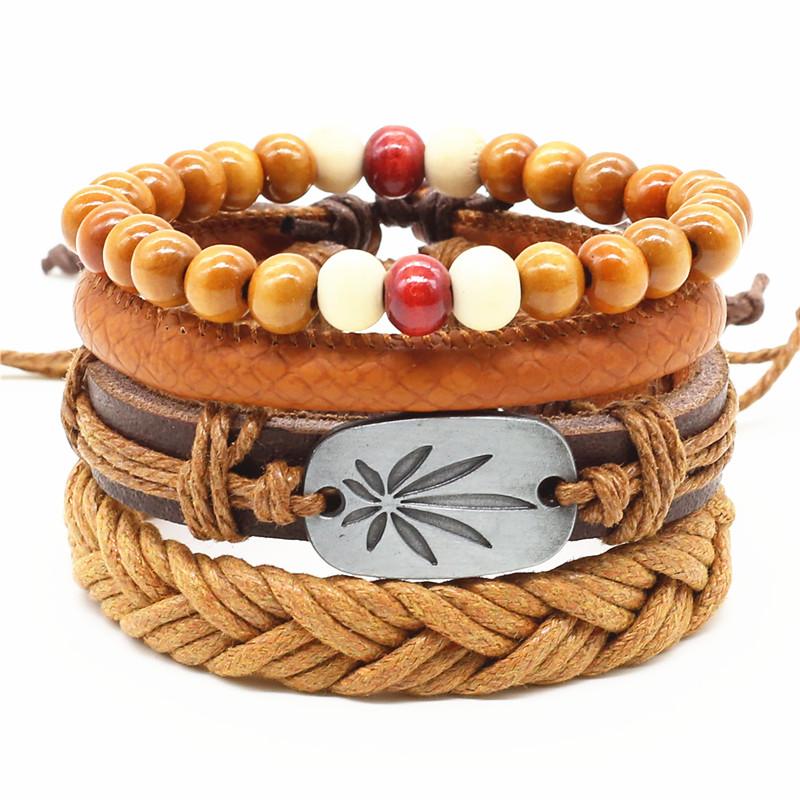 

Leaf Charm Multilayer Bead Women Vintage Combination Handmade Woven Punk Leather Bracelet Men Jewelry Wholesale Accessories