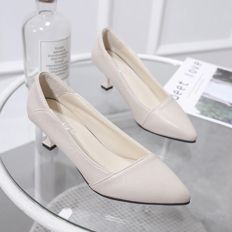

2021 New Women Shoes Woman Pumps Plus Size Sexy Ladies Pumps Casual Shoes Pointed Toe Slip on Leather High Heels Office, Beige