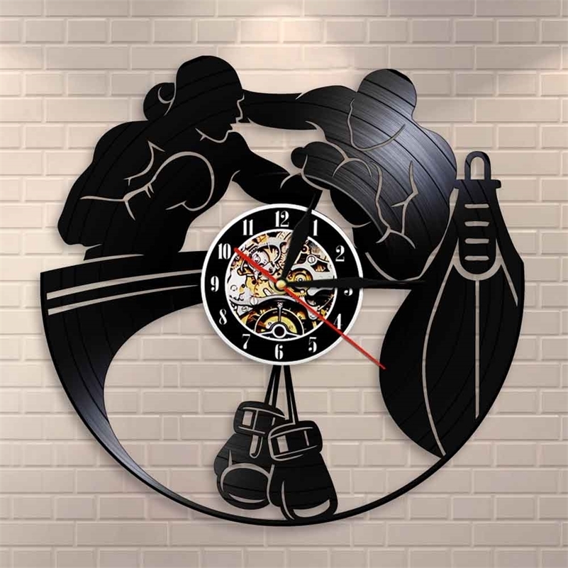 

Boxing Home Decor Wall Clock Boxing Gloves Punching Bag Infighters Vinyl Record Wall Clock Fighting Sports Boxers Scrappers Gift LJ201211