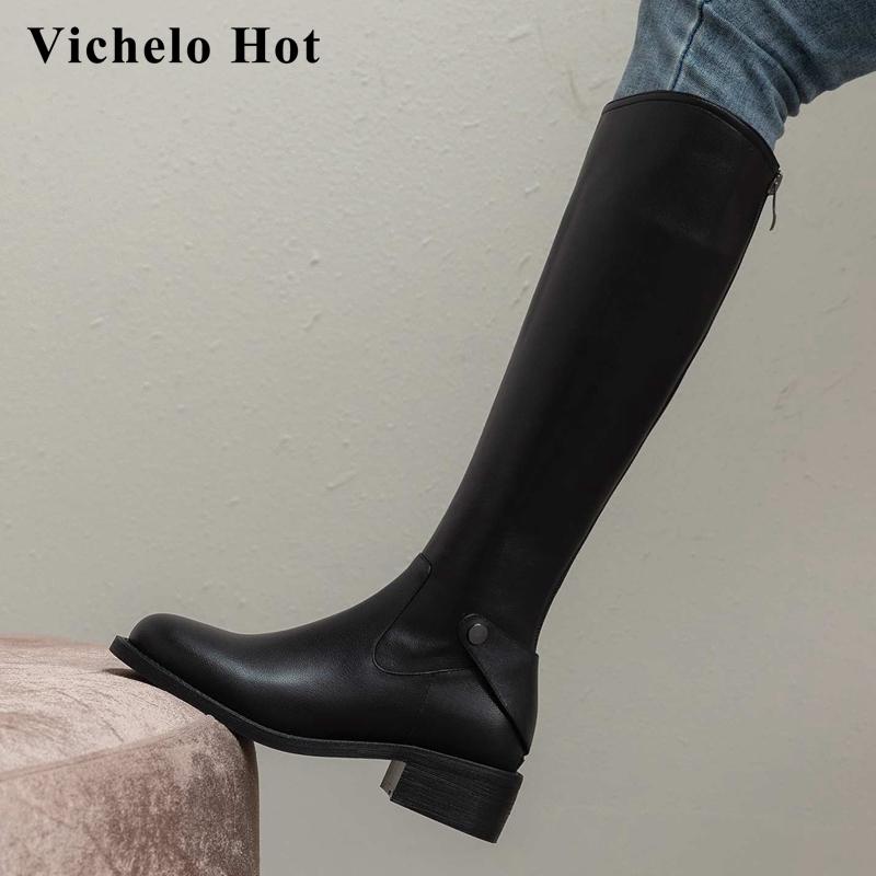 

Vichelo Hot simple style high quality classic colors genuine leather winter shoes round toe med heel zipper knee-high boots L10, Black