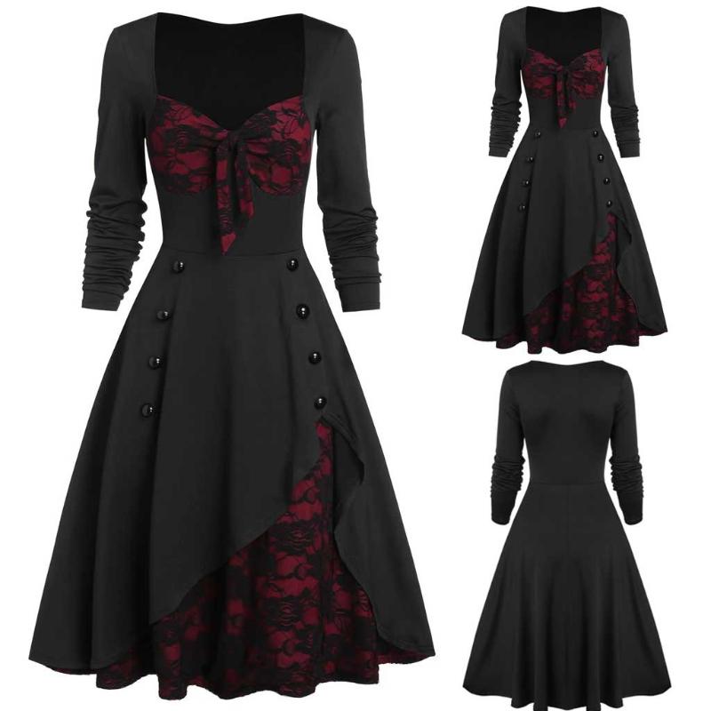 

New Dresses Vintage Women Long Dress Plus Size Gothic Clothes Skull Lace Insert Mock Button Bowknot Dress Robe Femme #T1G, Black