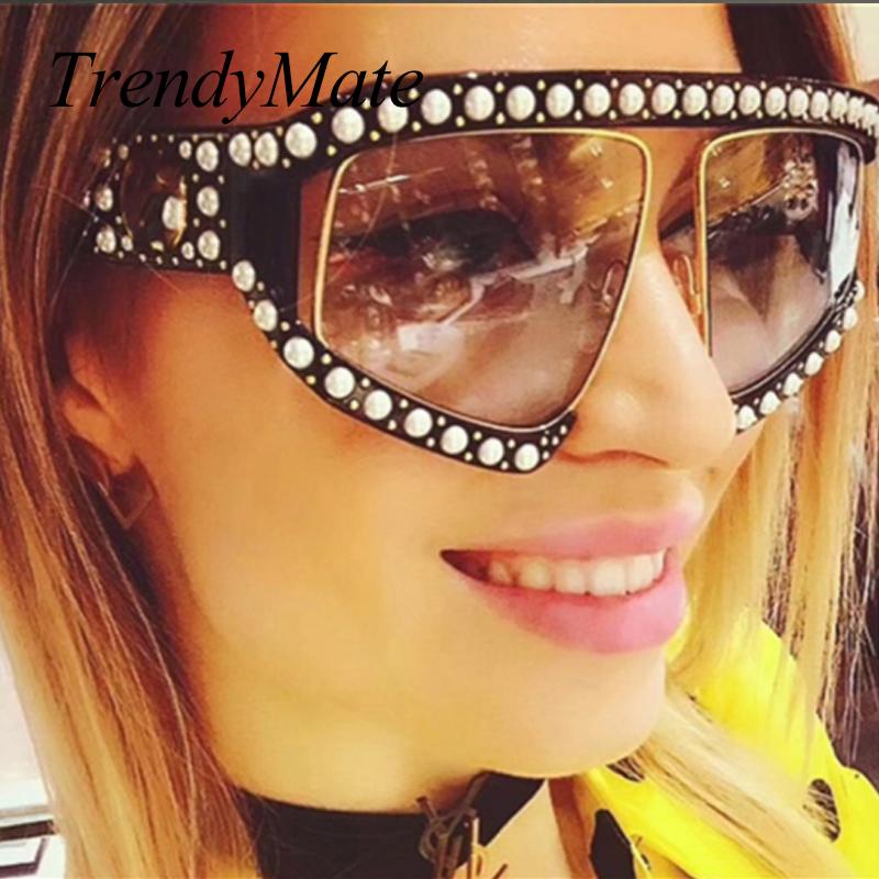 

2020 Italy Brand Designer Pilot Sunglasses Women Oversized Pearl Frame Crystal Sun Glasses For Female Male Clear Goggle 1305T