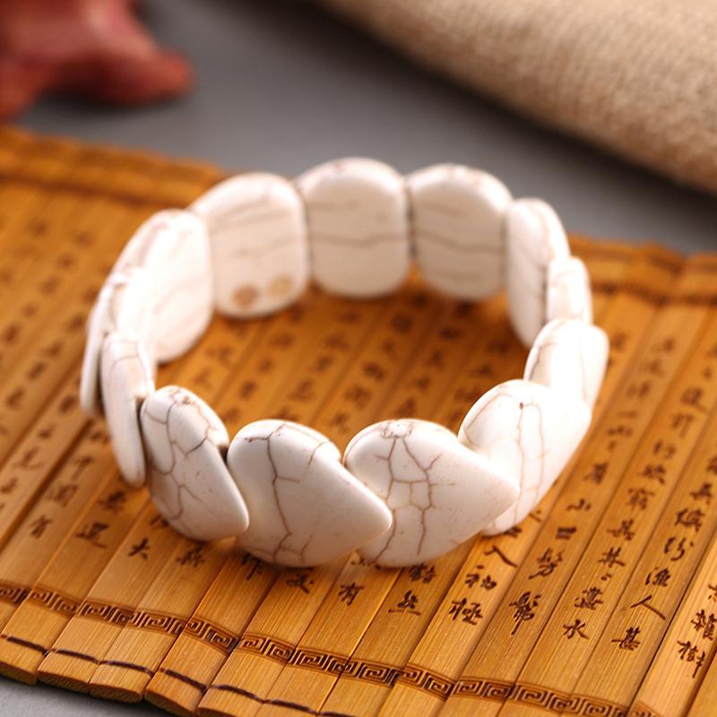 

Heart Shape White Turquoises Strand Bracelet Bangle Bohemia Vintage Trendy Howlite Stone Beaded Bracelets Women Charm Jewelry