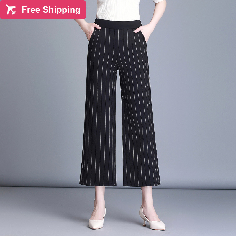 

Streetwear summer 2020 striped women's straight high waist wide leg capris for more size woman pants, Black