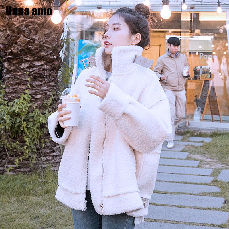 

Unua amo 2020 Winter Imitation Fur Coat Women Thick Warm Turtleneck Faux Leather Moto Biker Lambswool Jacket Female LE00282A, Beige