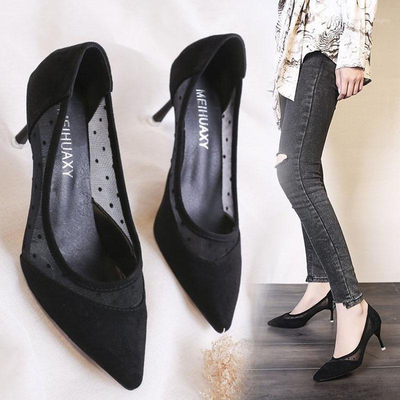 

Pointed Toe Thin Heels Women Shoes Woman Slip On High Heels Work Shoes Polka Dot Mesh Vintage Elegant Party Dress Shallow Pumps1, Sx-1232