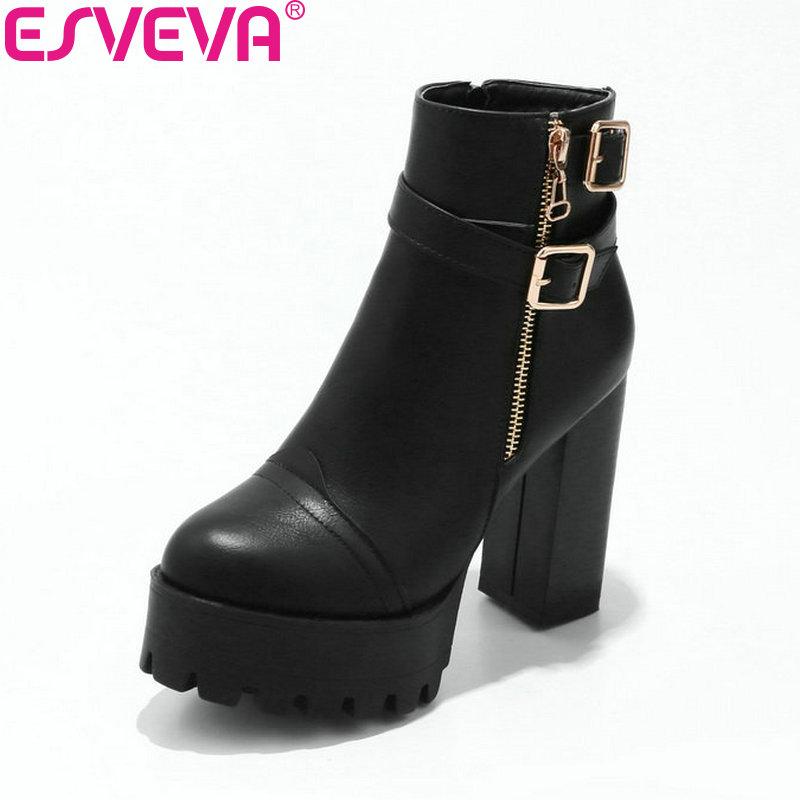 

ESVEVA 2020 Women Boots Western Style Ankle Boots Platform 4cm Warm Fur Square High Heel Round Toe Black Ladies Size 34-43