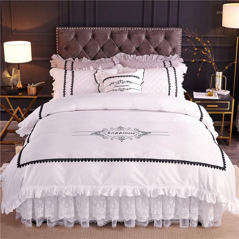 

Pure Cotton Embroidery Lace 4pcs Princess Style Bed Set Duvet Cover Bed Skirt Pillowcases Solid White Grey Pink Purple Girls1