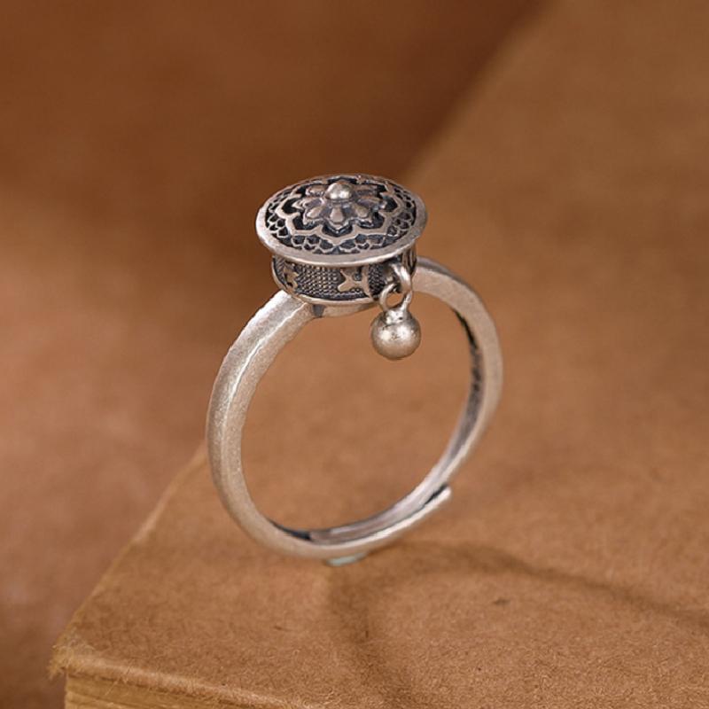 

S925 Sterling Silver Buddhist Ring Women Real Silver Good Luck Women Ring Pure Tibetan Prayer Wheel Jewelry Gift