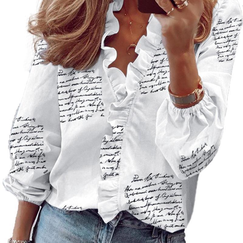 

Letter Print Blouses Shirt Young Girls Fashion Ruffle Pullover V Neck Summer Casual Style Clothes Female Shirts Clothes New Hot1, White