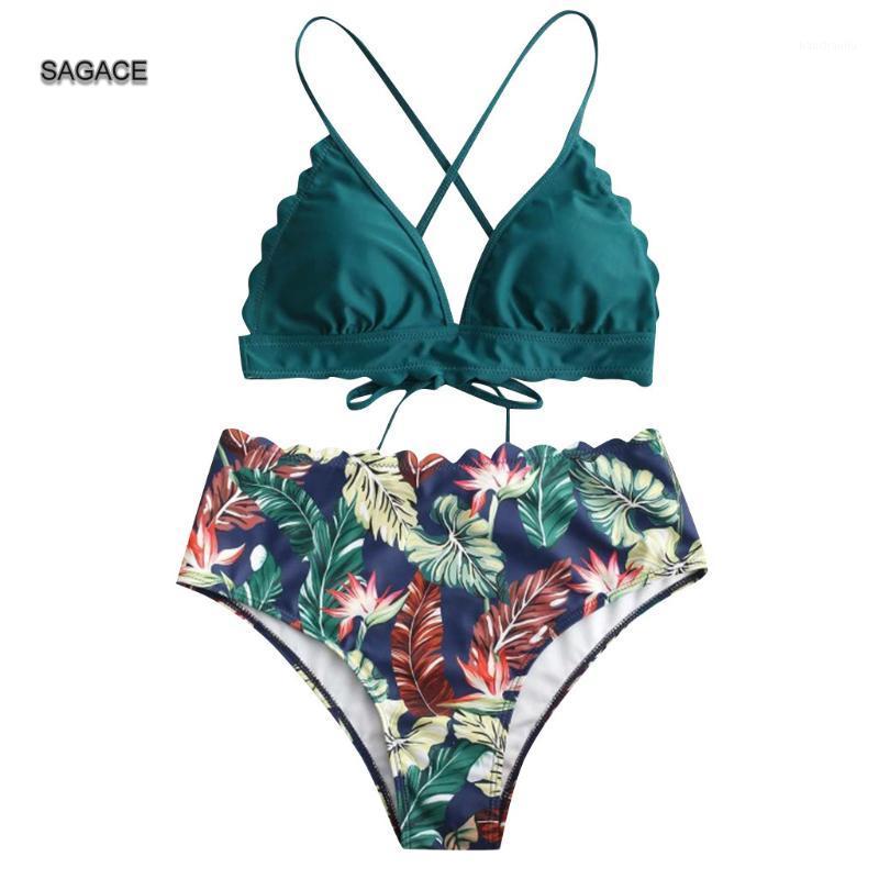 

SAGACE Bikini Set Women 2020 Summer Split Swimsuit Sexy Leaf Print Bandage High Waist Bikini Swimwear Lady Beach biquini A5151