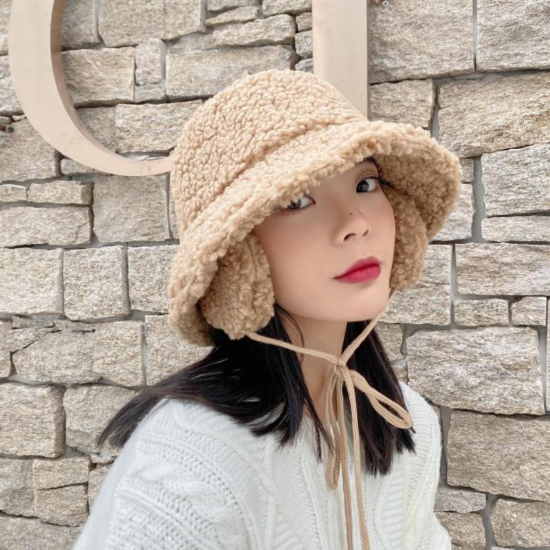 

Women Autumn Winter Warm Bucket Hat Ear Protector Lamb Velvet Female Girls Fisherman Cap Plush Hat With Earmuffs 2020 New, Black
