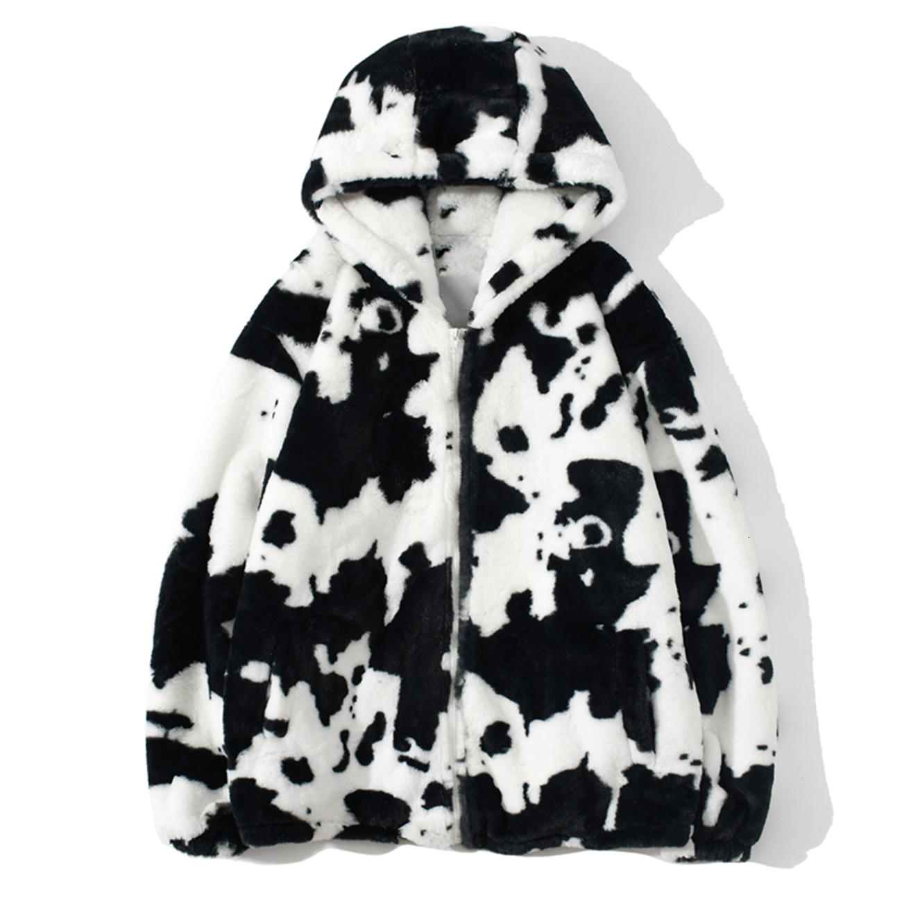 

2021 New Men Streetwear Cow Print Zipper Cardigan Hooded Coats Autumn Winter Harajuku Loose Couple Coat Outwear Hoodie Lambswool Jacket F6y1, White
