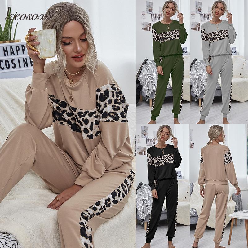 

Tracksuit Two Piece Set Women Autumn Clothes Leopard Printed Splicing Sweatshirt Top And Pants Jogging Sets Female Sport Outfit, Army green