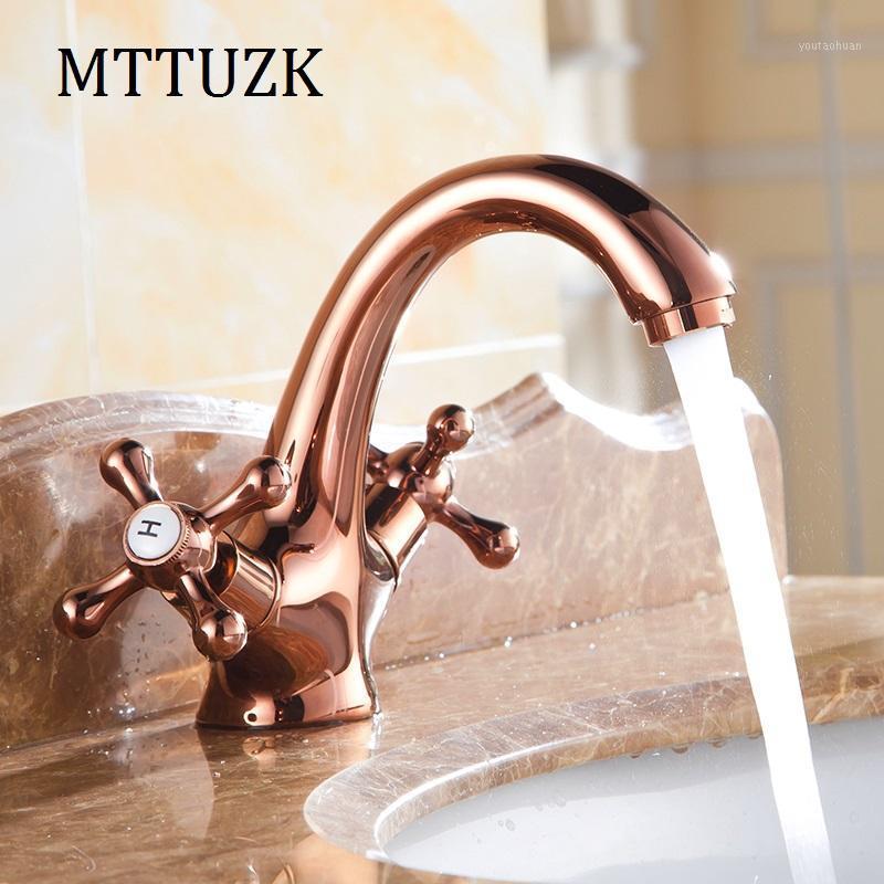 

MTTUZK European long neck rose gold brass sitting mounted 2 holder single hole basin faucet hot cold mixer tap bathroom faucet1