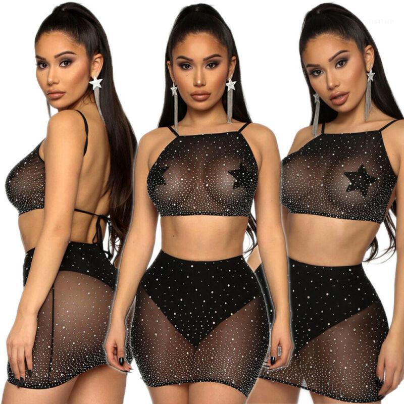 

Sexy Women's Sequin Mesh Crop Tops Skirt Set Clubwear Bodycon Cover-Ups1