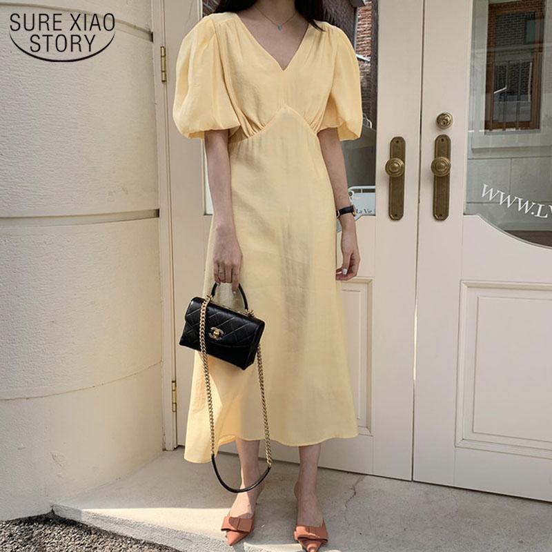 

Casual Dresses Summer Dress Women French Vintage Puff Sleeve Short High Waist Long Solid Wild Elegant Robe Vestido 14144, Black;gray