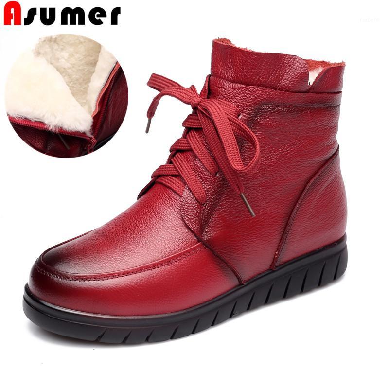 

ASUMER SIZE 36-41 Full genuine leather boots women mother shoes nature wool warm snow boots comfortable flat ankle red1, Red