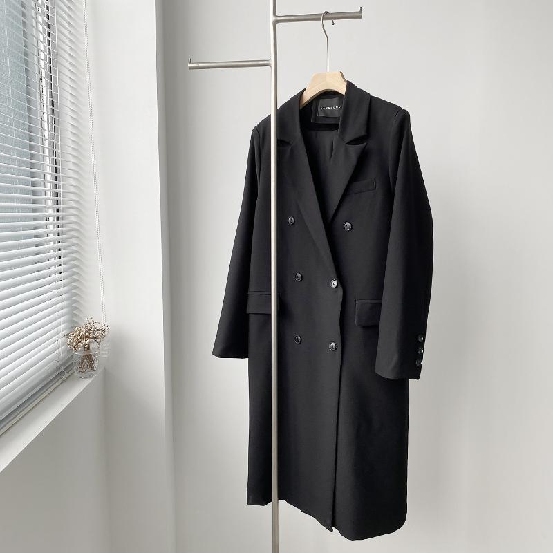 

Autumn Elegant Women Black Long Blazer Long Sleeve Loose Double Button Winter Thicken Coat