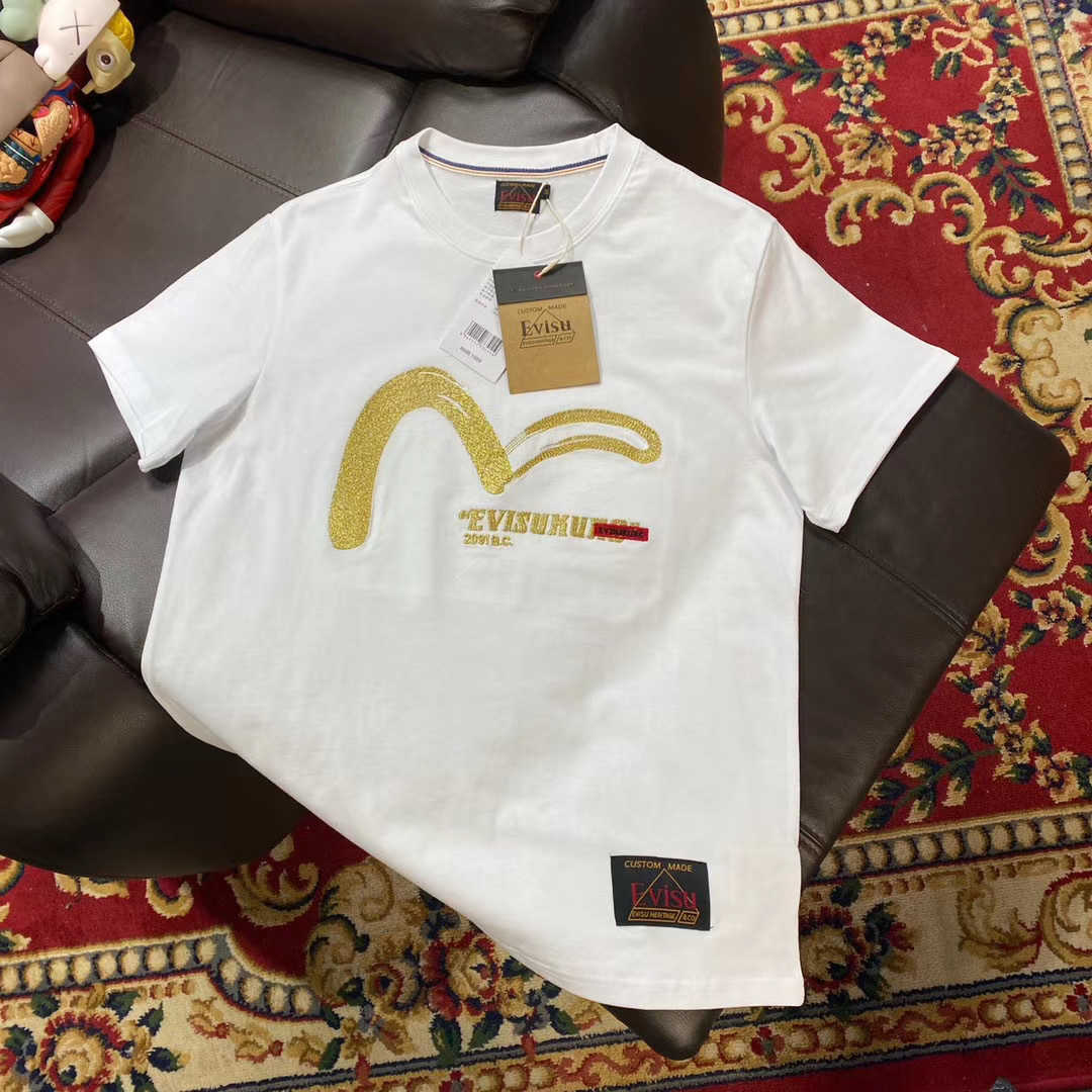 

Ev Fushen Seagull Gold Thread Embroidery Short Sleeve Lovers T-shirt, Black