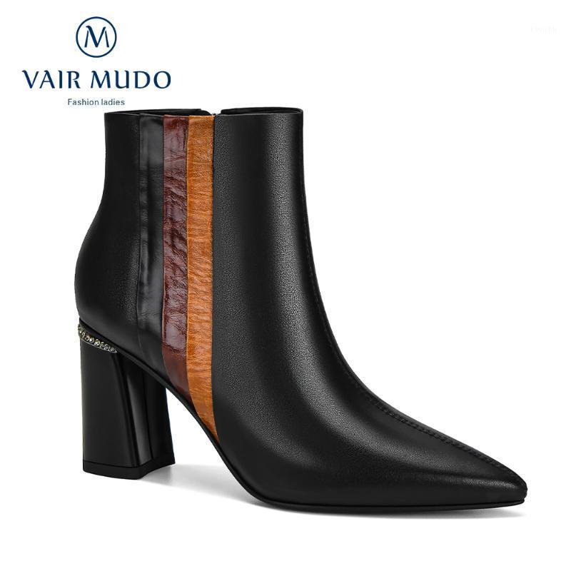 

VAIR MUDO Fashion Ankle Boots Shoes Women Genuine Leather Pointed Toe Thick Heels Basic Adult Zipper Velvet Female Boot WM-X10-11, Black-leather