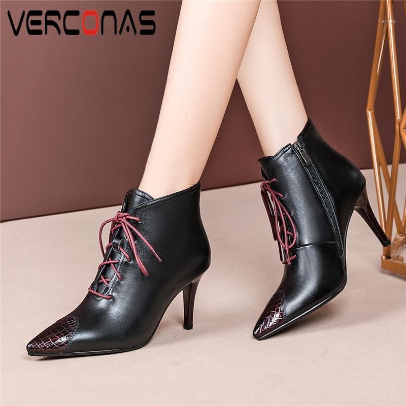 

VERCONAS Fashion Women Ankle Boots Autumn Winter 2020 New Shoes Woman Genuine Leather Casual High Heels Cross-Tied Zipper Boots1, Black