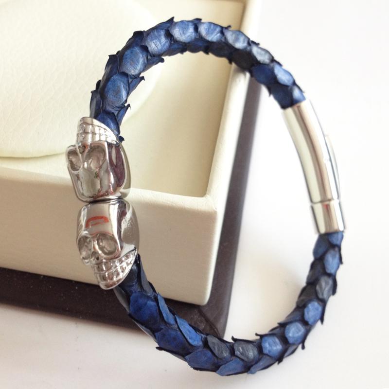 

Fashion Genuine Blue Python Leather Skull Bracelet Northskull Twin Skull Bracelets Bangles for Man Women Jewelry Gift