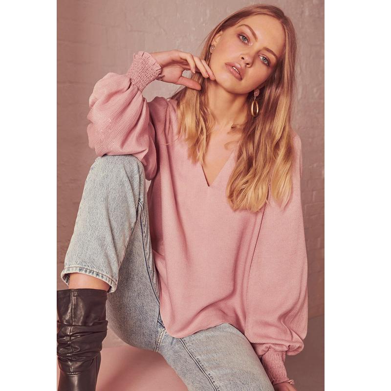 

Fashion Women Lantern Sleeve Shirts New 2020 Spring Autumn Casual Loose Chiffon V-Neck Long Sleeve Sweet Solid Color Shirt Tops, Pink