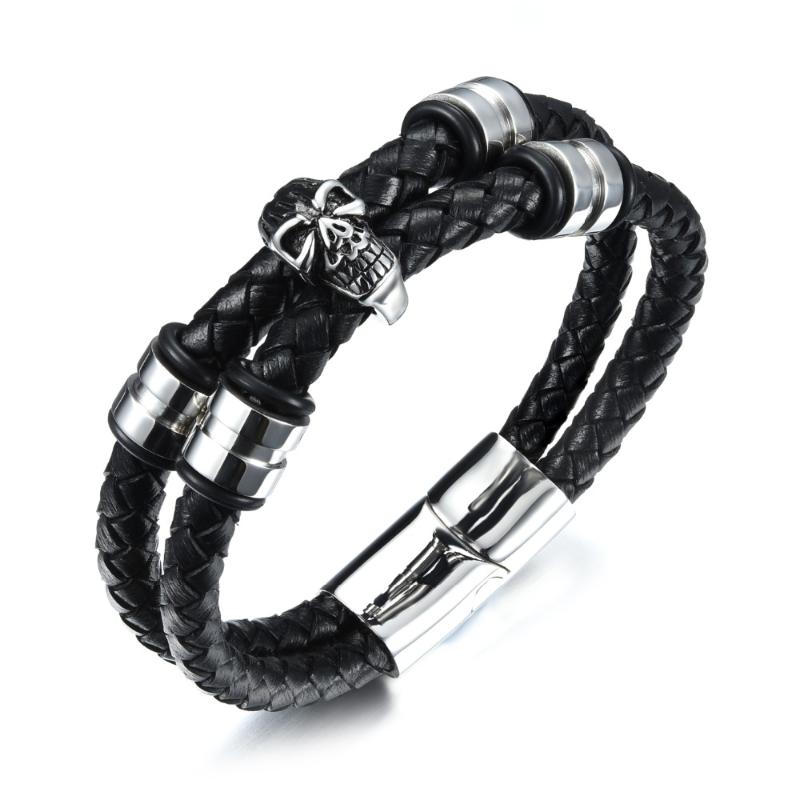 

For Men Gifts Biker skull charms Stainless Steel with Double Genuine Leather Bracelet Bangle Punk Jewelry