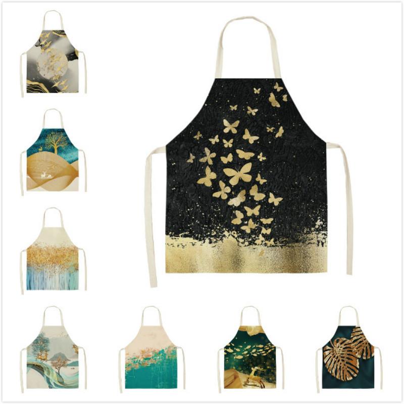 

Golden Deer Butterfly Kitchen Aprons For Women Cotton Linen Bibs Household Cleaning Pinafore Home Cooking Apron 68x55cm/47x38cm
