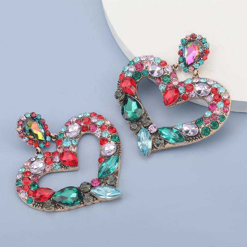 

New Metal Hollowed-out Heart Colorful Crystals Earrings Jewelry Accessories For Women