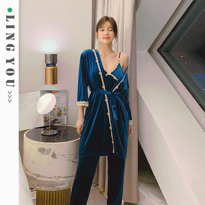 

New Autumn Women Gold Velvet Winter Warm Pajamas Set Women Sleep Set Deep Sexy Homewear Pajama Sets Long Pant Robe, Blue