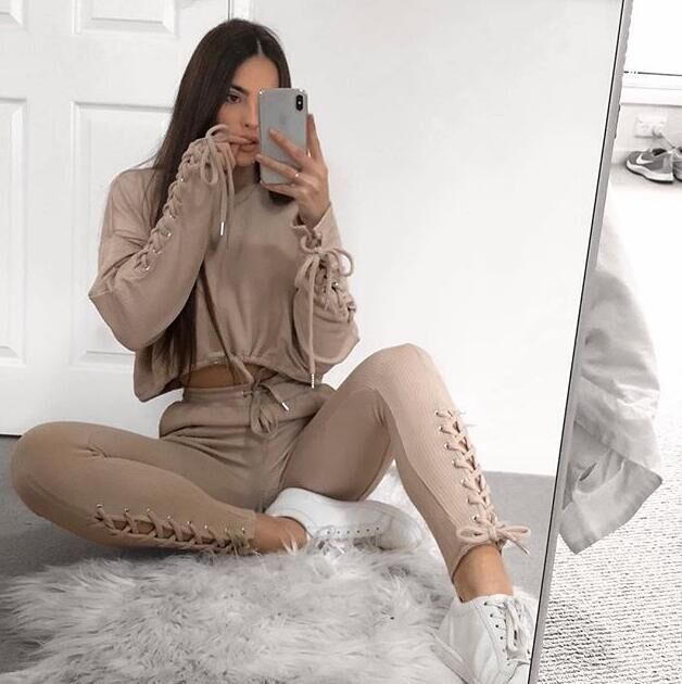 OMSJ Autumn Winter Bandage Two Piece Set Women Lace Up Solid Casual Suit Female Clothing Crop Sweatshirt Top and Pants Tracksuit 201119