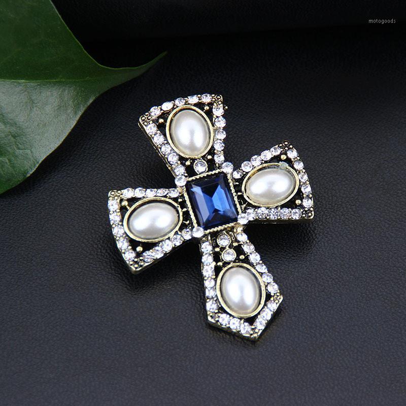

Cultured Pearl CZ Cross Brooch Women Men Jewelry Crystal Broche De Mujer Vintage Pins Metal Kpop1