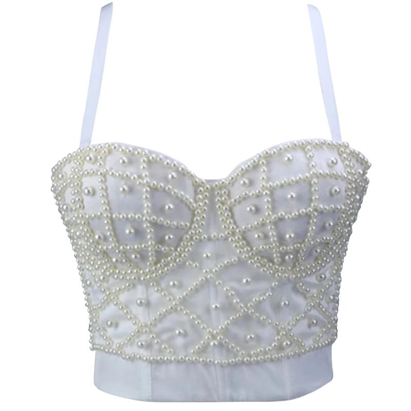 

Cropped 2020 Bralette Top Sexy Corset Tops Women Beading Pearl White Black Crop Top with Straps Femme Nightclub Cami Mujer, Db992 black