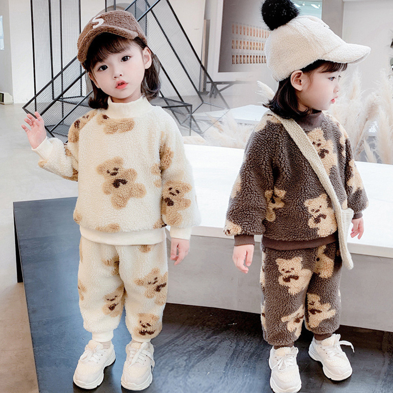 

Baby Spring Autumn Winter Velvet Suit Girls Winter Thicken Home Wear Clothing Kids Winter Clothes ASM 001, White