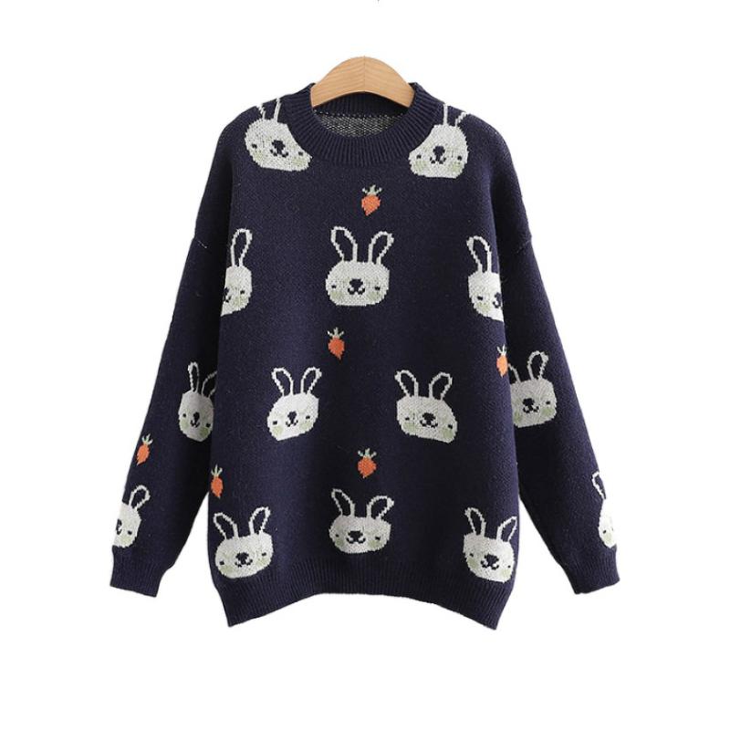

Cartoon Embroidery Loose Korean Women Knitted Pullover Sweater 2020 Winter Long Sleeve O-neck Sweet Style Girly Basic Top, Beige